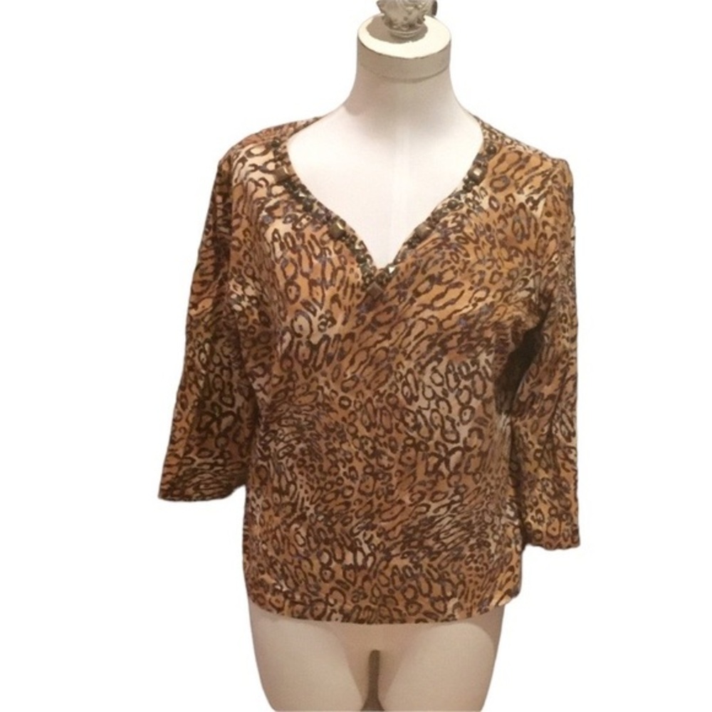 Ruby Rd Embellished Neckline Leopard Print Cotton 3/4 sleeve top - XL